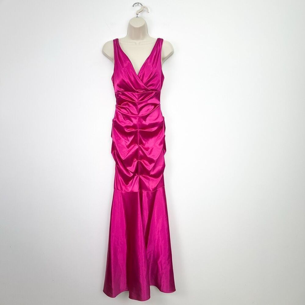 Cache Women’s 90s Fuchsia Pink Satin Draped Runoff Fitted Mermaid Sleeveless Gow